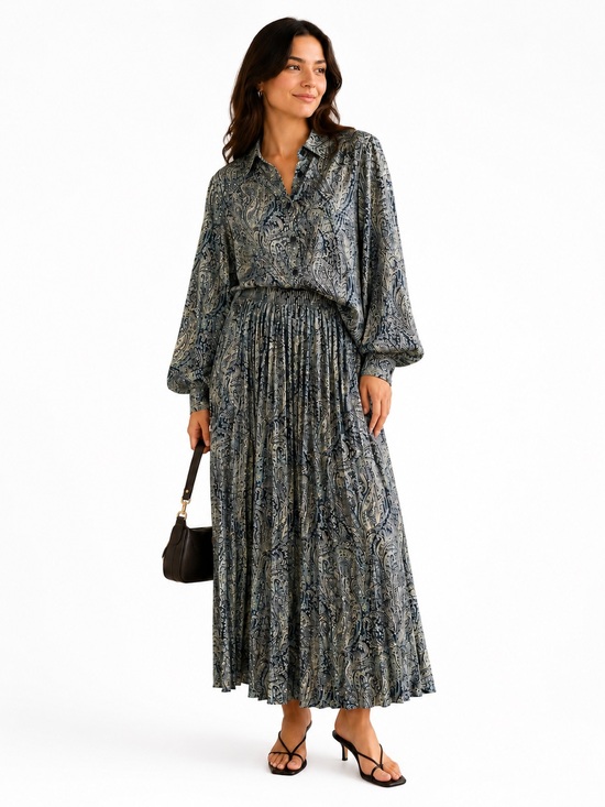 Dresses & Skirts - Paisley Print Long Sleeve Blouse & Maxi Skirt Set - Blue Multi elastic waist